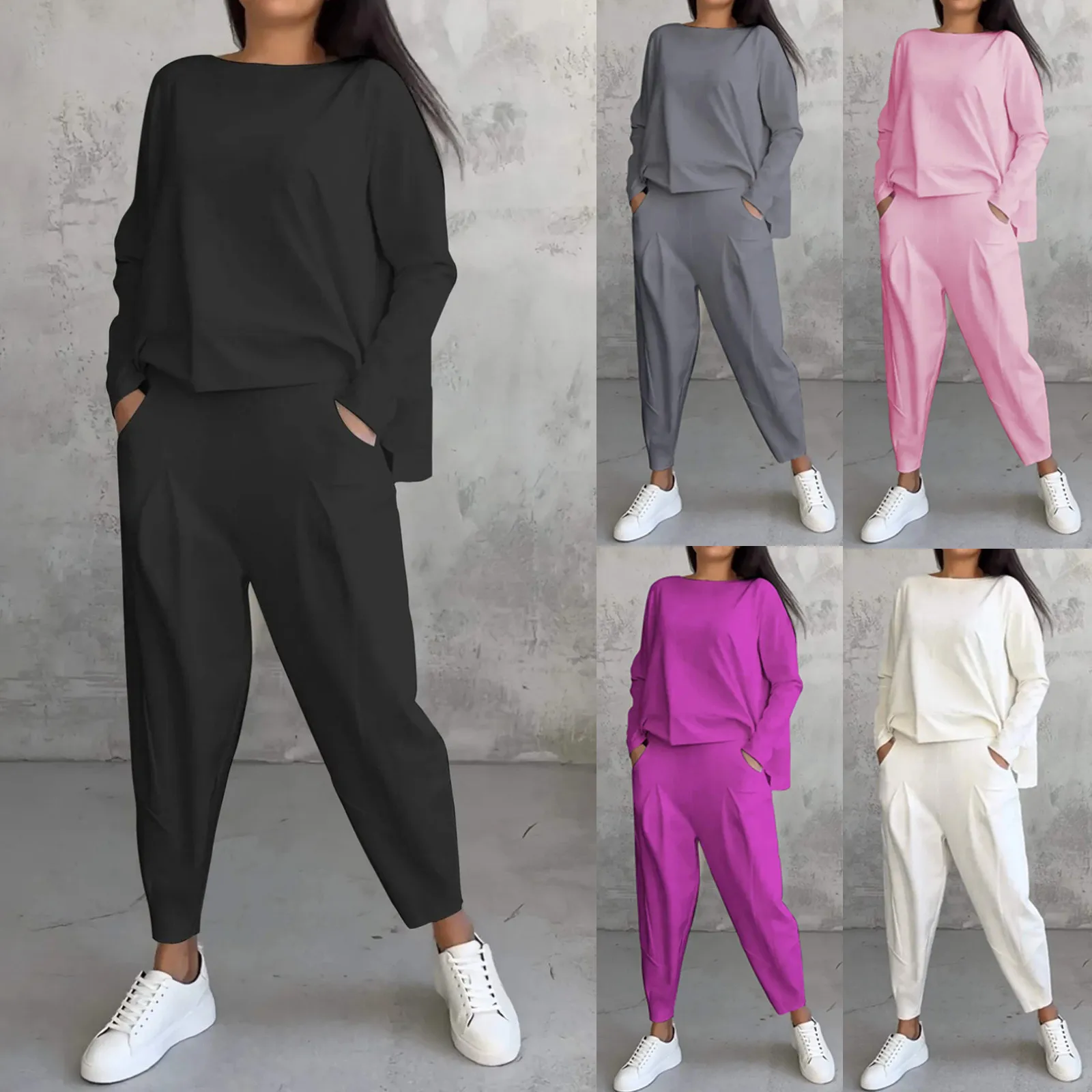 Autumn Winter Solid Color Pants Sets Women Fashion Irregular Long Sleeve Tops Harem Pants Two Piece Set Casual Female Outfits