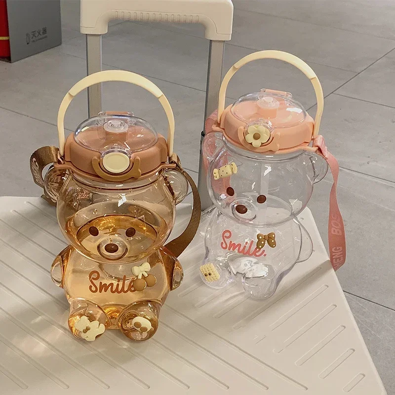 Bear Bounce Lid Straw Water Bottle Portable 1/1.4 Litre Large-capacity Cartoon Plastic Cup Children's Strap Cup Water Bottle