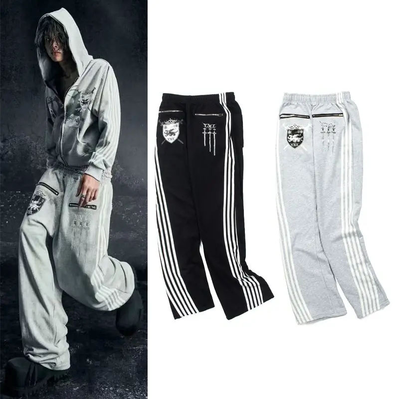 American Stripe Patch Retro Double Layer Design Y2K Pants Baggy Sweatpants Men Hip Hop Gothic Elastic Waist Jogging Casual Pants
