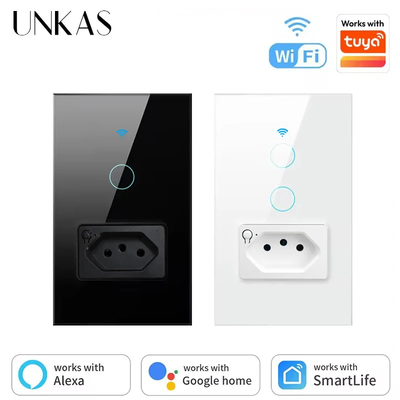 

UNKAS Brazil WiFi 1/2 Gang Switch with Socket Plug Smart Touch Light Switch Works with Tuya Smart Life Voice Control Google Home