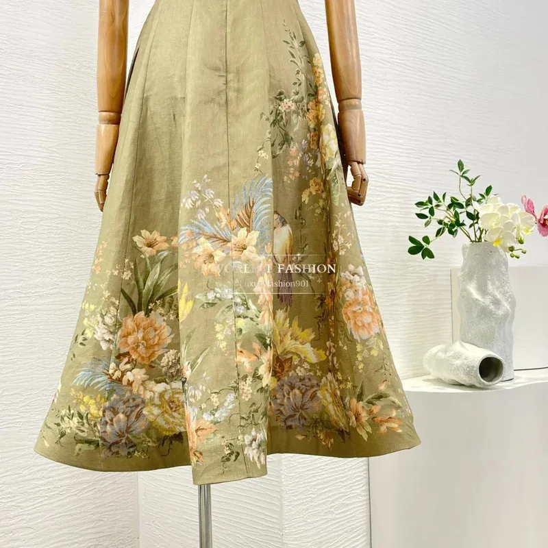 Abito longuette da donna per spaghetti da vacanza in lino senza maniche con stampa floreale verde oliva stile spiaggia