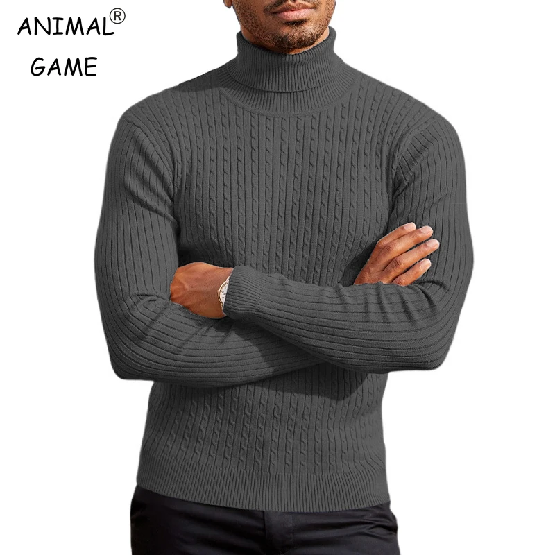 

Мужской свитер с высоким воротом, однотонный пуловер, вязаный теплый повседневный облегающий свитер с воротником, мужские зимние топы с закрученным рисунком