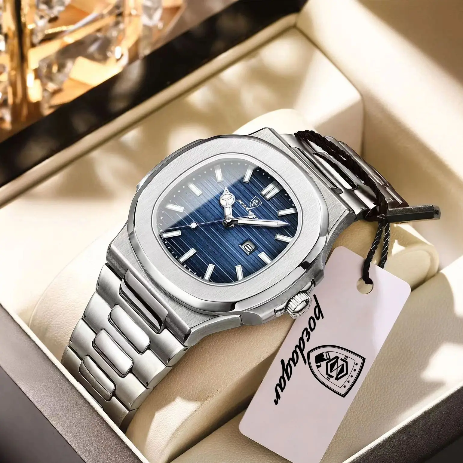 POEDAGAR Casual Couple Watch Waterproof Luminous Date Stainless Steel Love Wristwatch Square Quartz Watches for Boyfriend Reloj view 2