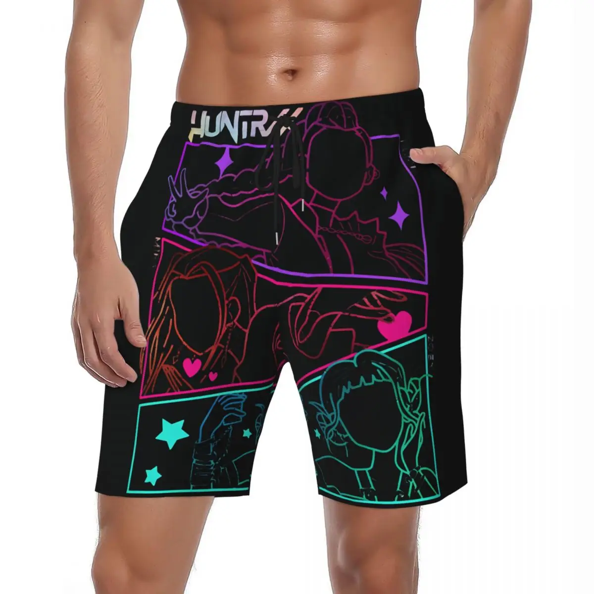 

Huntrix Comic Music Band Спортивные шорты Летние пляжные шорты для серфинга Мужские быстросохнущие повседневные плавки большого размера с принтом