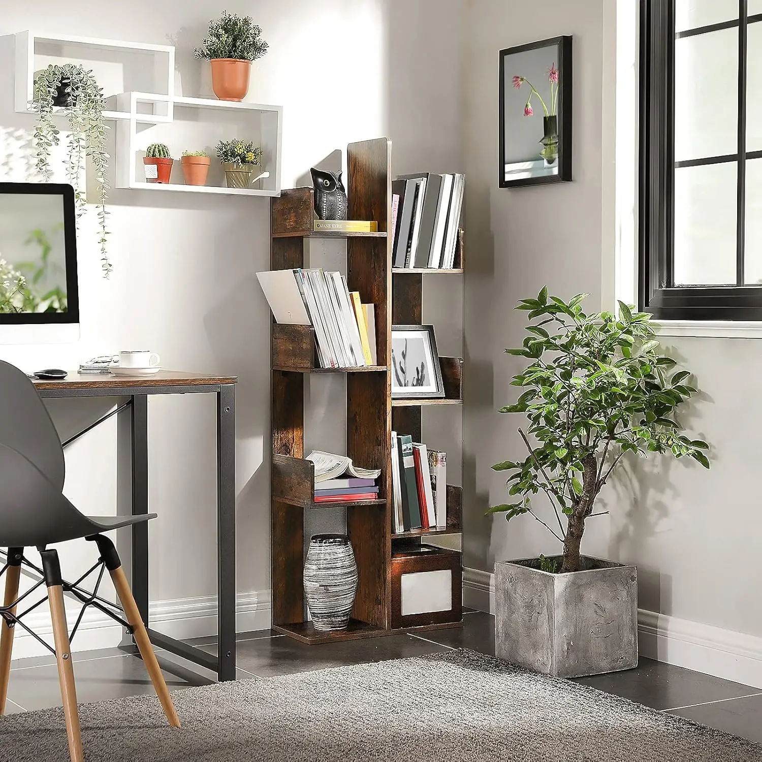 Tree-Shaped Bookshelf with 8 Shelves, Rustic Brown, Compact Design for Living Room or Office