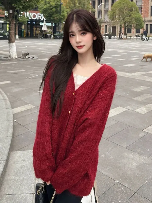 

Cisas Theme Gentle Sle Unique Red V-Ne Sweater Small Beautiful Top Spring 2026 Women's Faion Long Sve Knitwear