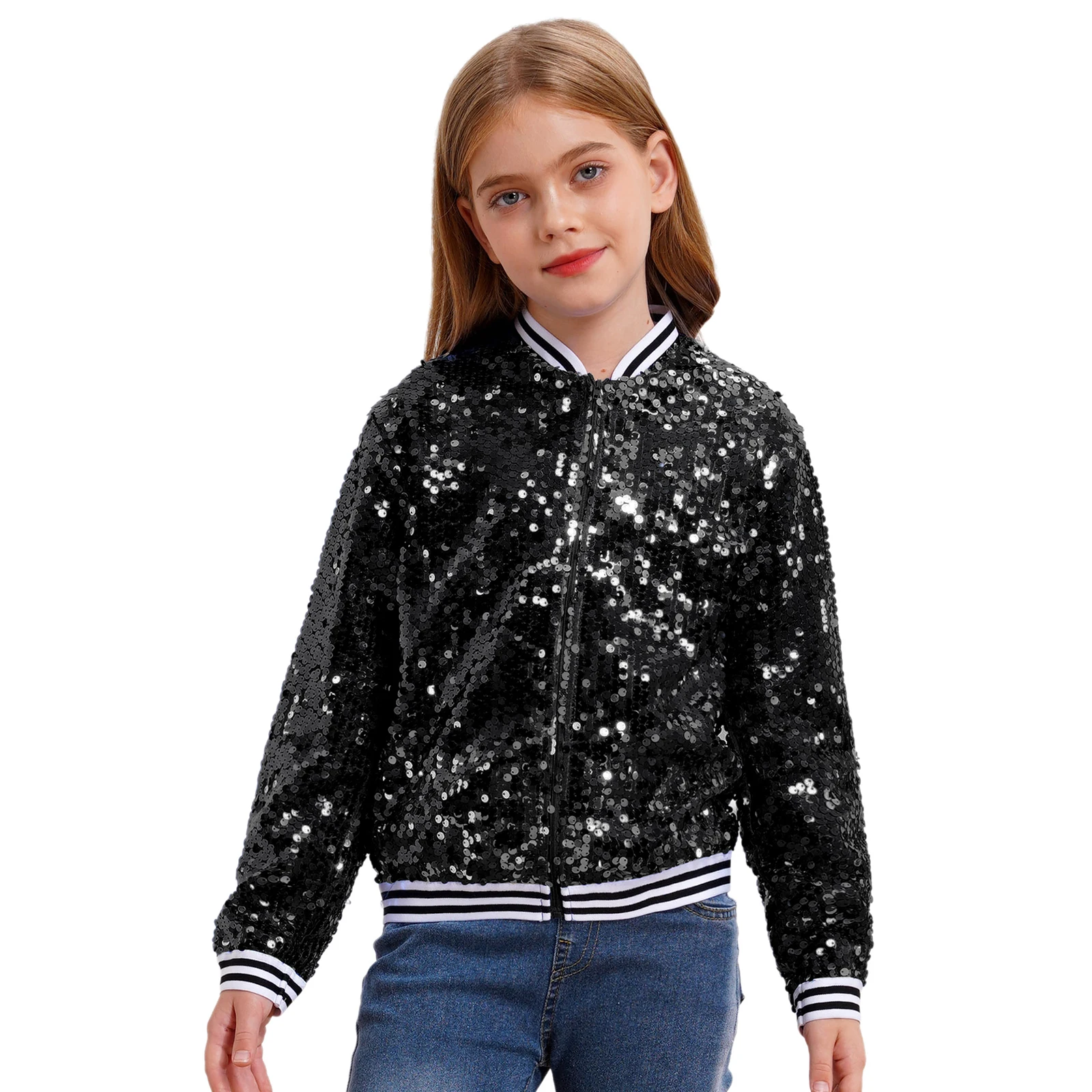 Ragazzi Ragazze Giacche da baseball Cappotto Primavera Autunno Moda Paillettes Manica lunga Cerniera Capispalla Street Dancing Party Bomber Jackets