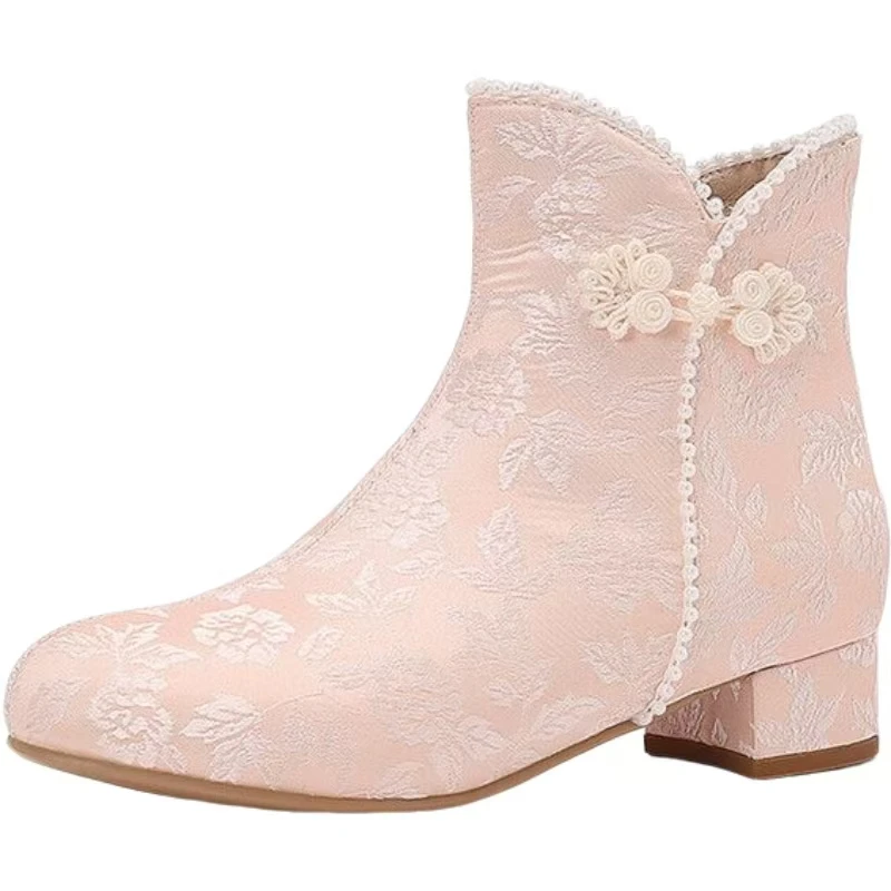

Women's Autumn Winter Ethnic Style Ankle Boots Block Heel Round Toe Soft Sole Hanfu Shoes Plush Warm Cheongsam Boots Cotton Boot