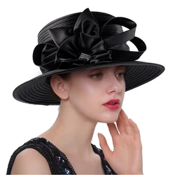 Newest Women Satin Cloth Flower Church Hat Elegant Photography Top Hat Fashion Female Banquet Fascinator Wedding Formal Hats