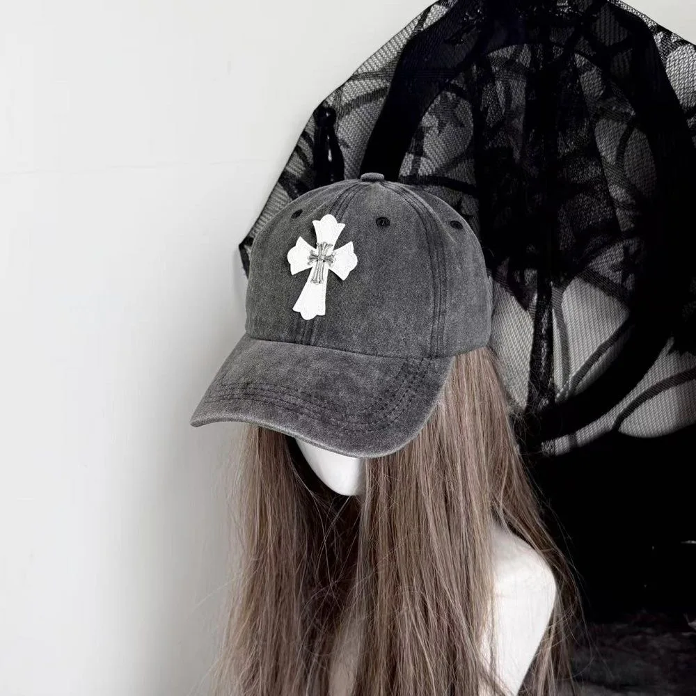 Y2k Subculture Black/White Cross Washed Retro Baseball Cap Hrajuku Cap Punk American Lolita Cap Accessories