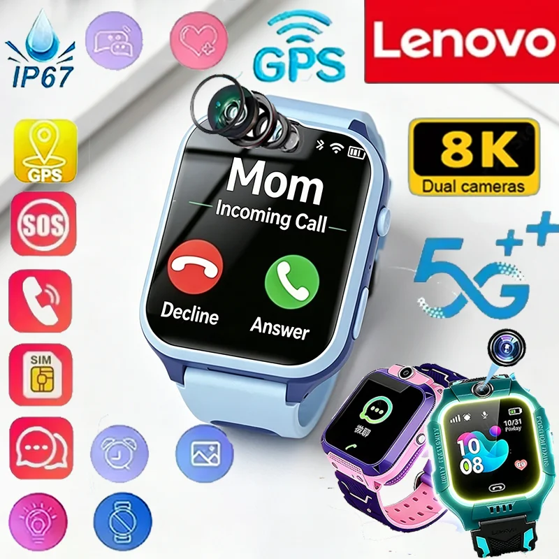 

Lenovo 5G 8K Camera Kids Smart Watch SOS GPS Location Sim Card Call Child SmartWatch Waterproof Boys Girl Gift For Android Ios