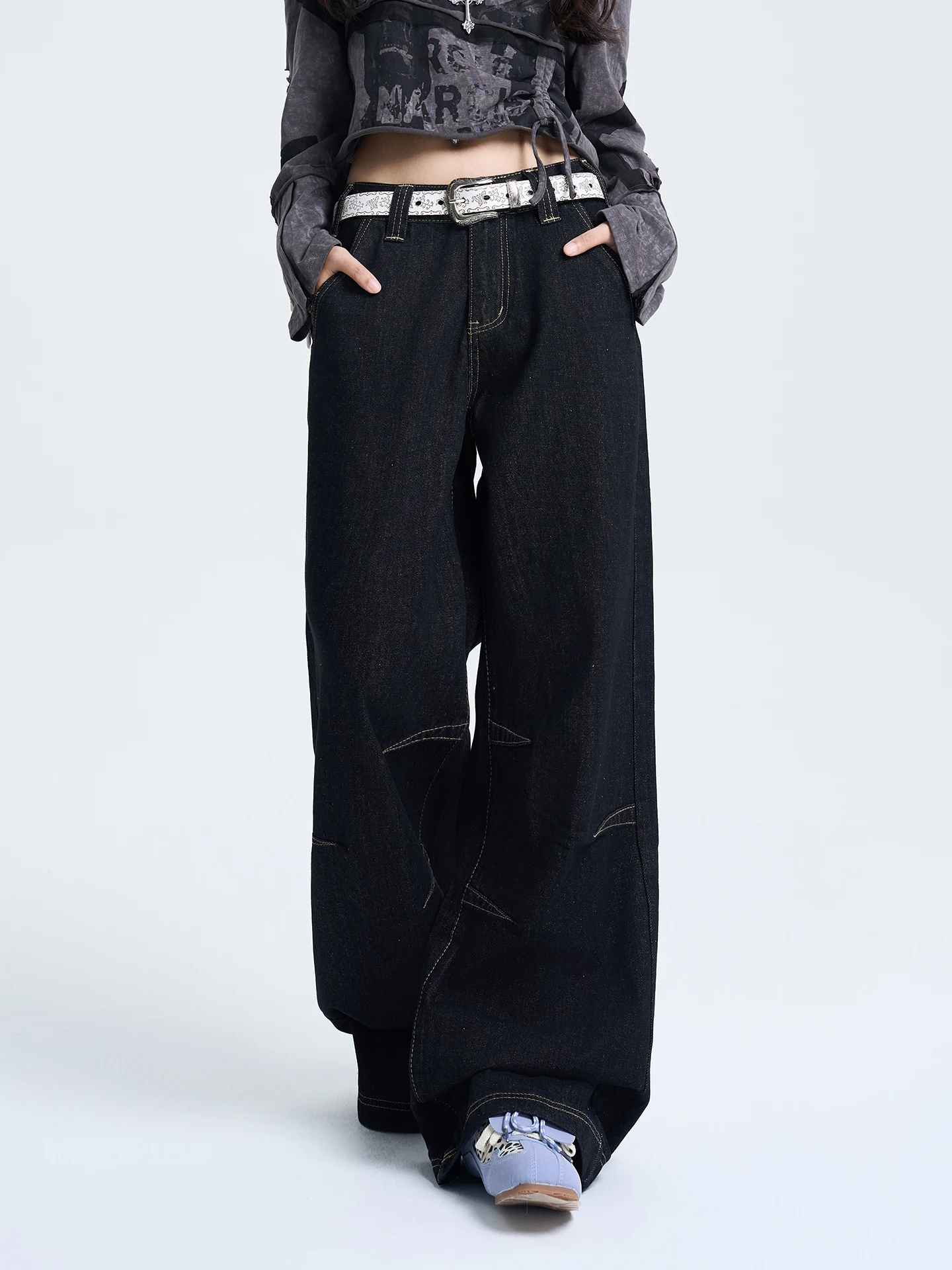 TGXQ American Style Loose Black Denim Jeans Low Waist Ladies Retro Hot Pants Wide Leg Pants Casual Fashion Women's Jeans