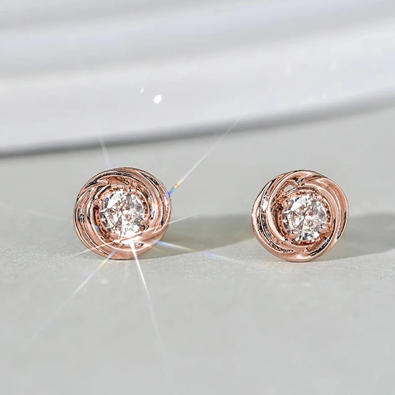 Huitan Simple Elegant Stud Earrings Female Versatile Daily Jewelry for Teens Rose Gold Color Bright Round Zirconia Accessories