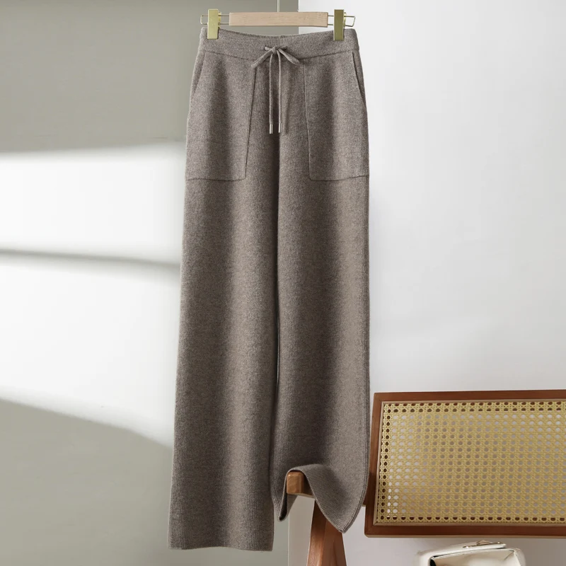 100% merino wool women's knitted trousers, casual, warm, thickened, wide-leg pants 2024 autumn and winter new style