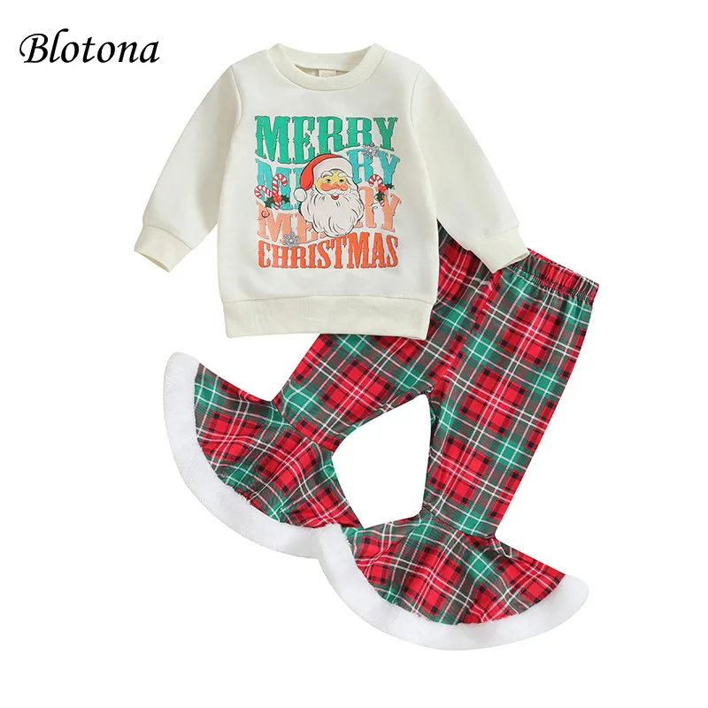 

Blotona Kids Girls Pants Set, Letters Santa Claus Print Sweatshirt with Plaid Flare Pants Christmas Outfit 9Months-4Years