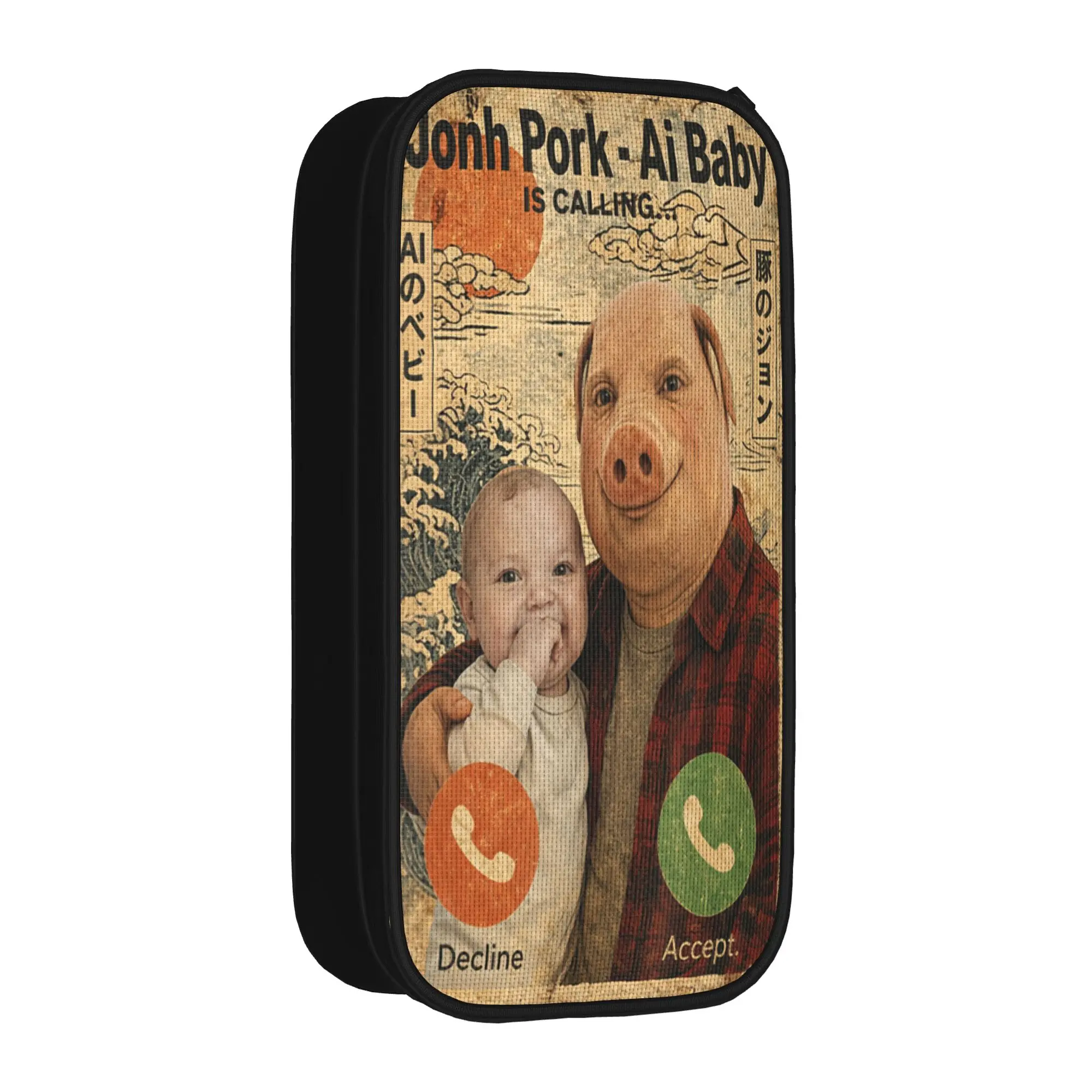 Meme John Pork AI Baby Funny Answer Call Phone Pencil Case Large Pen Box Student School Pencil Cases Design Stationery Organizer