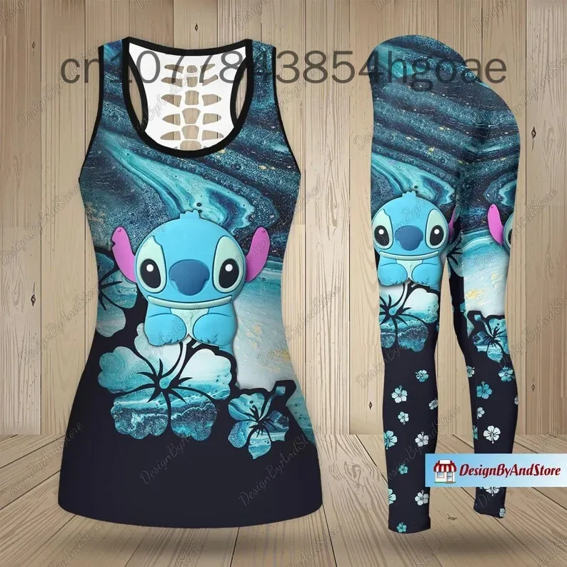 2024 Disney Stitch Women\'s Book Hollow Tank Top+Women\'s Leggings Yoga Wear Fitness Leggings Sports Suit Tank Top Leggings