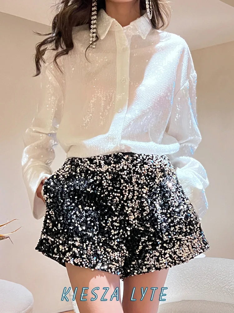 

Glittering White Long Sleeve Women Shirt with Buttons Shiny Loose Coat for Parties and Meetings Sequins tops 2024 New Arrival