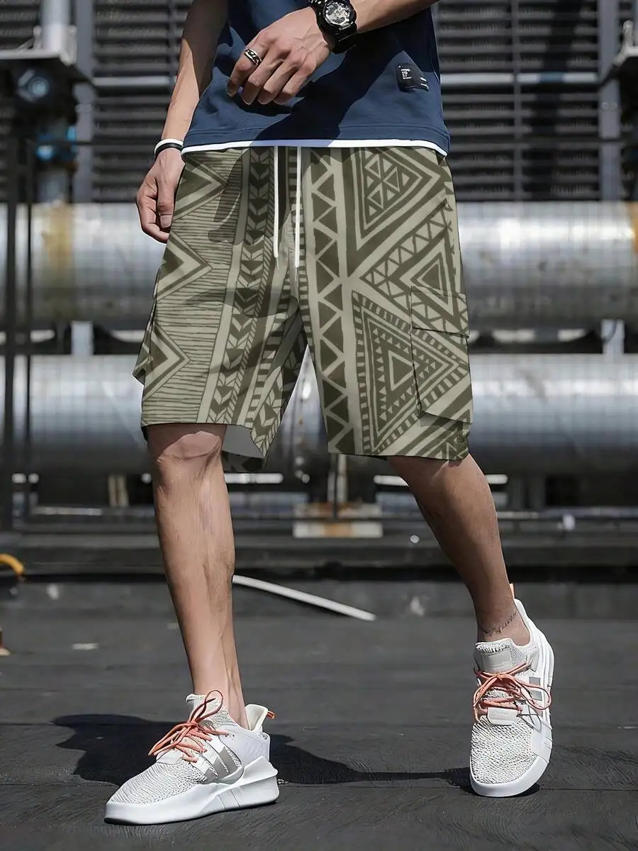 

Mens Geometric Print Shorts With Large Side Pockets Polyester Breathable Sport Fitness Outdoor Wear