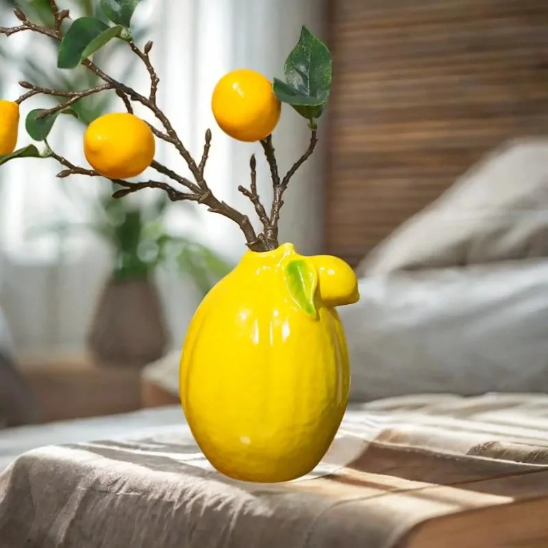 

Керамическая ваза в форме фруктов и лимона, многофункциональное желтое украшение столешницы для центральных украшений свадебного стола, легкий вес 3,7x5,5 дюйма
