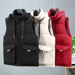 Zipper Cotton Padded Vest Men Hooded Zip-up Sleeveless Jacket Male Multi Big Pocket Warm Coat Hat Waistcoat Plus Size Golf Wear