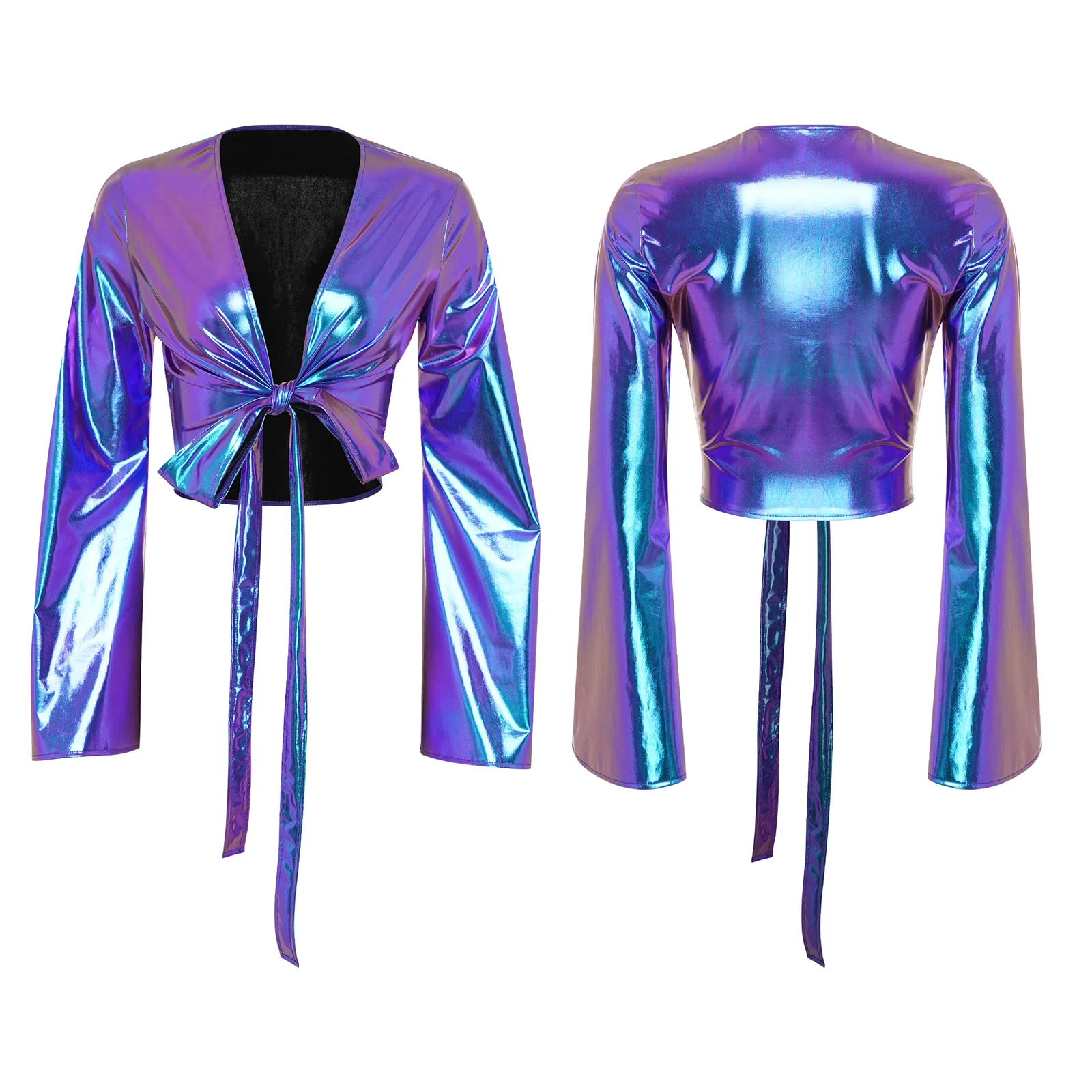 ملابس علوية نسائية عصرية برباط علوي ملفوف معدني ملابس حفلات الكرنفال وأكمام طويلة متوهجة غطاء علوي قصير لليوجا والتمارين والرقص #4