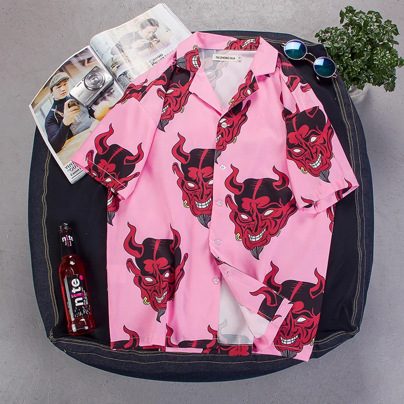 2024 New Summer Men Hawaiian Short Sleeve Shirt Mens Casual Demon Head Print Beach Shirts Man Oversized Poleras Hombre