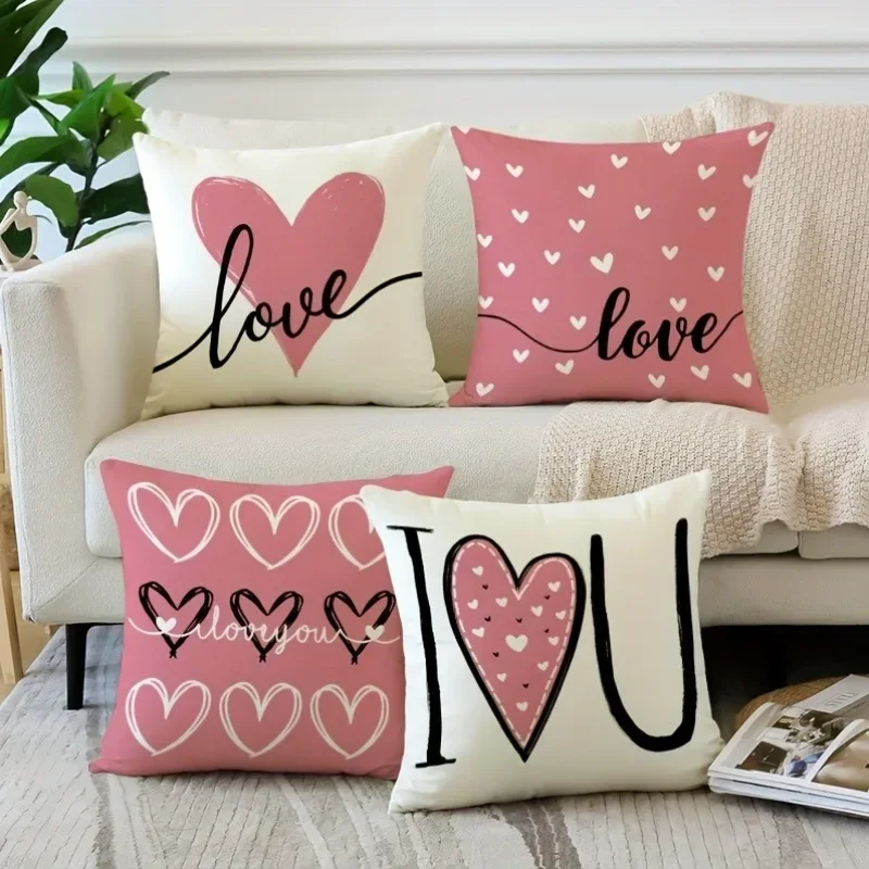 Pink Love Valentine's Day Print Home Decor Pillowcase Bedroom Living Room Sofa Decoration Polyester Cushion Cover with Zipper