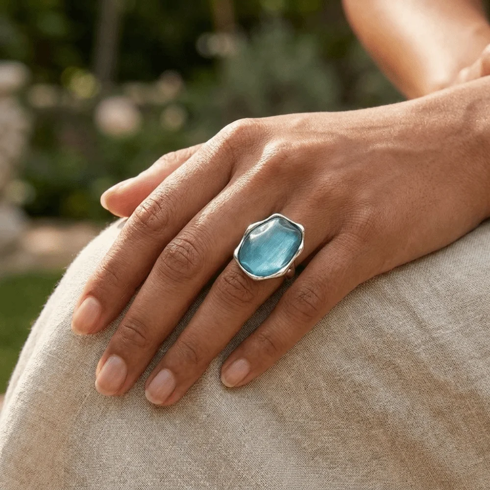 Trendy Resin Water Ripple Ring Adjustable Zinc Alloy Gemstone Resin Ring Vintage Blue Silver Plated Cat Eye Ring For Women