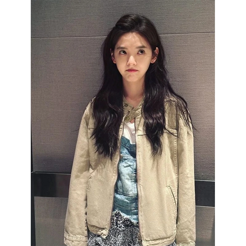 

Faionable Retro Workwear Sle Zipper Collar Jaet Women's Long Sve Regular Fit Spring Outerwear Selfwill 28653N