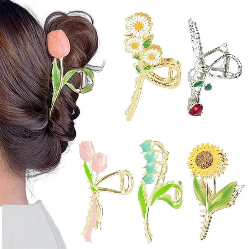 Flower Claw Clips For Thick Hair 6 PCS Metal Floral Claw Hair Clamps Strong Hold Nonslip Hair Accessories For Long Straight Hair