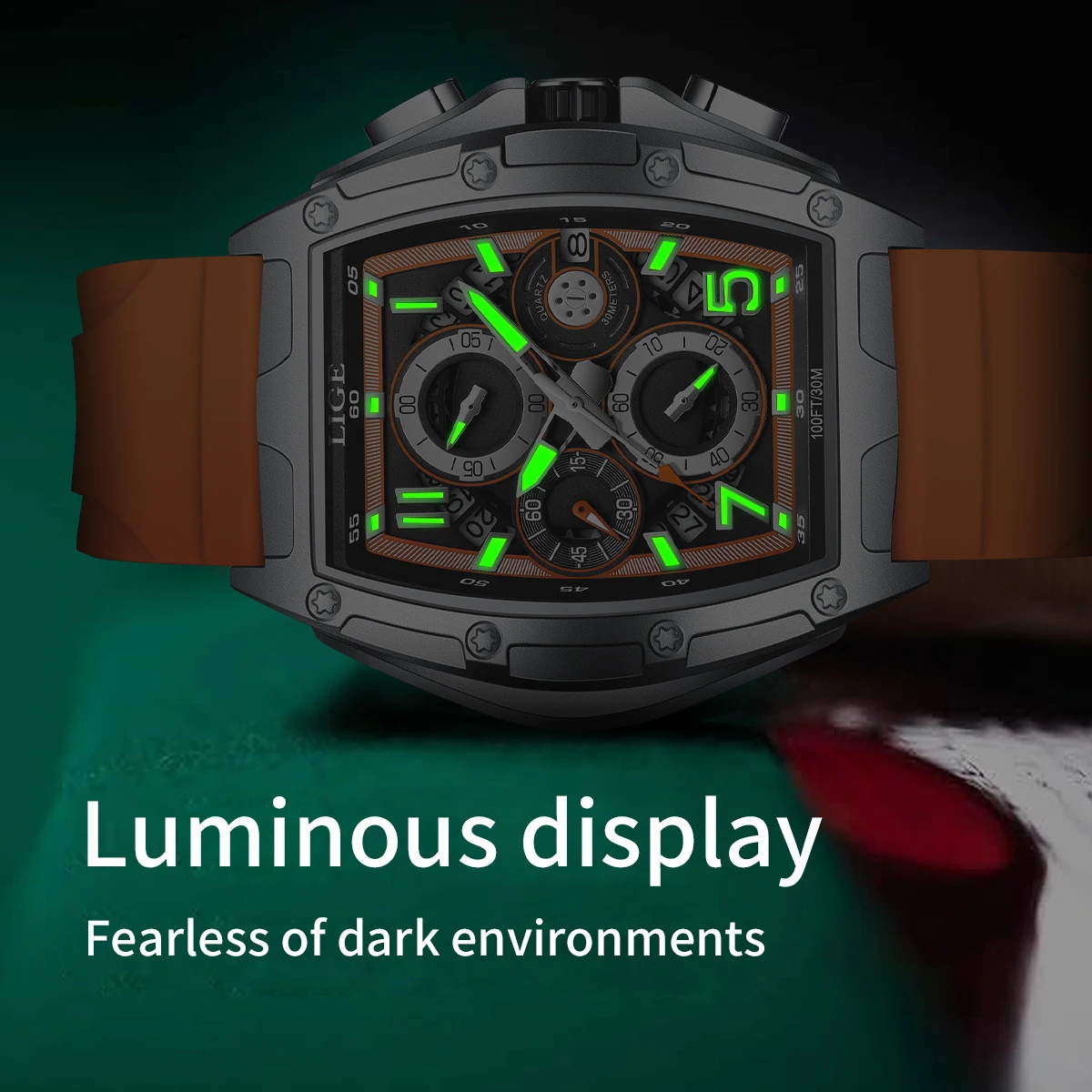 ساعة LIGE للرجال رياضية فاخرة وساعات عصرية للرجال بتصميم مربع فريد من نوعه كرونوغراف كوارتز وشريط مقاوم للماء