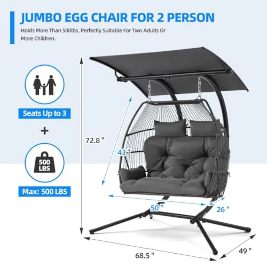 Oversized Double Hanging Swing Chair with Removable and Adjustable Canopy, Double Egg Chair, Outdoor Hammock Egg Chair with Cus
