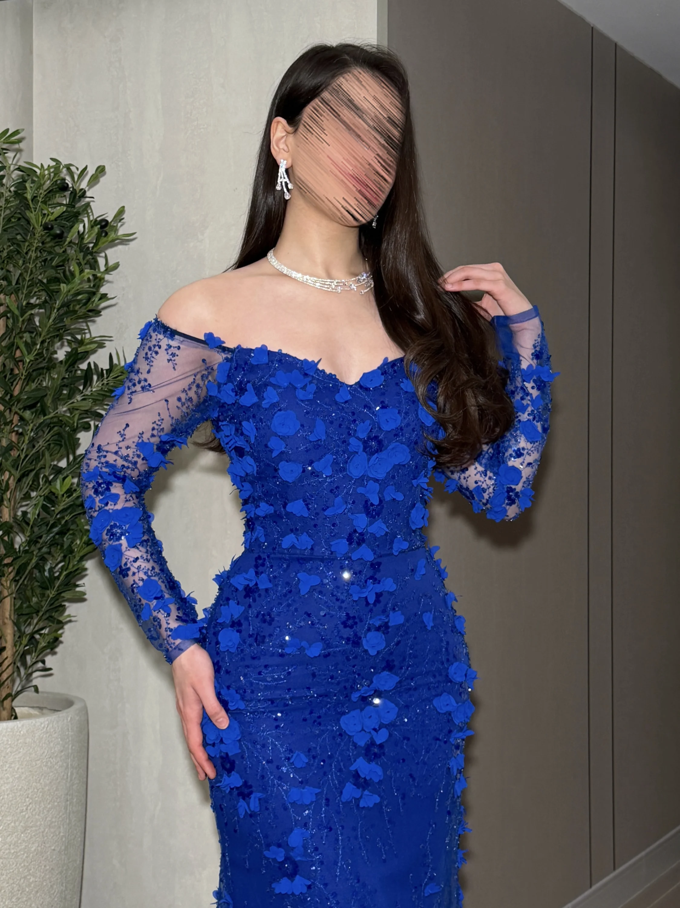 LumiGown Royal Blue Mermaid Evening Gown Off The Shoulder Long Sheer Sleeves 3D Floral Appliques Sparkly Beaded Sweep Formal