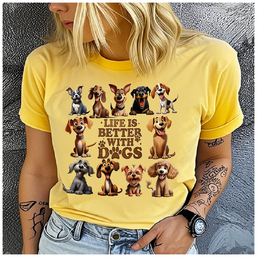 Cotton 100% Life Is Better With Dogs Multi Breed Graphic Print T‑Shirt Women Pink Short Sleeve Crew Neck Tee Dog Lover Casual To