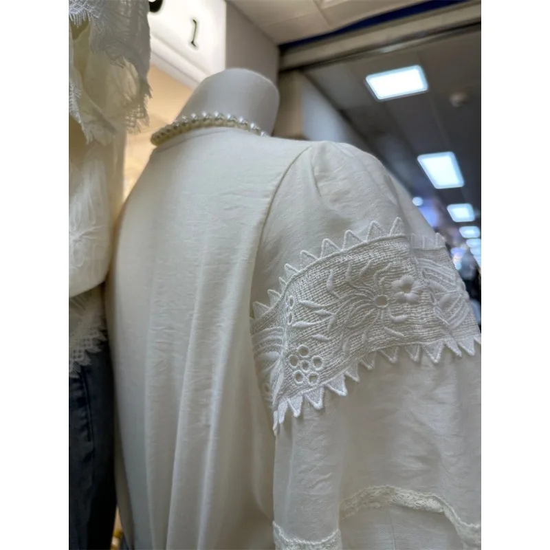 Vêtements pour femmes Vintage dentelle creuse broderie boutonnée chemise été blanc à manches courtes Blouse décontracté col rond ample Chic hauts