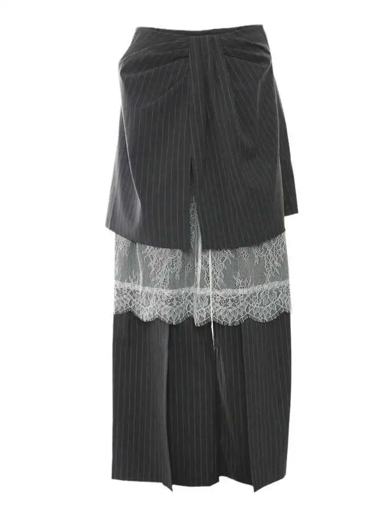 Kwtx calças femininas de renda emendada design cintura alta calças largas listradas contraste cor maré roupas soltas femininas 2025 novo