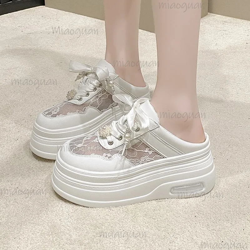 Women White Lace Platform Mule Sneakers Female Backless Slides Breathable Thick Sole Slip-on Shoes Fashion Casual Wedge Sneakers
