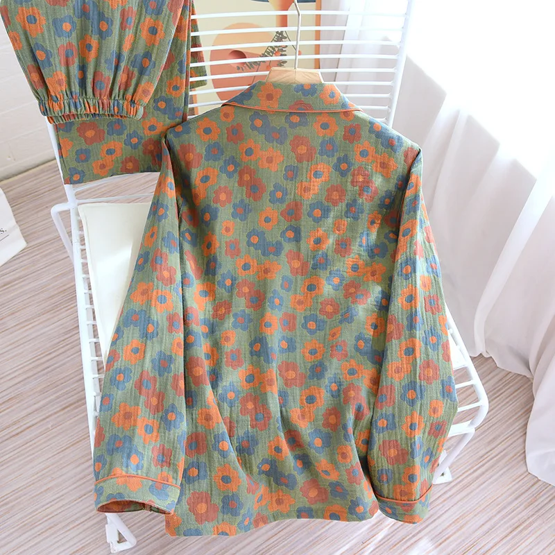New Yarn-dyed Washed Cotton Pajamas Retro Style Ladies Plus Size Home Clothes Long Sleeve Trousers Pijama Mujer Soft Sleepwear