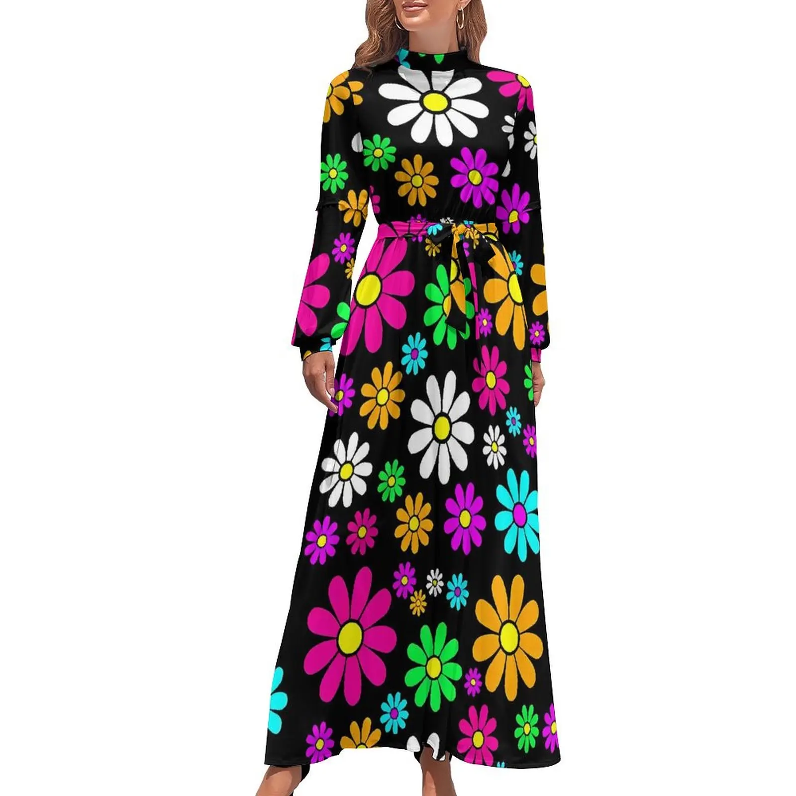 

Flower Power Dress Long Sleeve Hippie Groovy Daisies Modern Maxi Dress High Waist Aesthetic Beach Long Dresses Birthday Gift