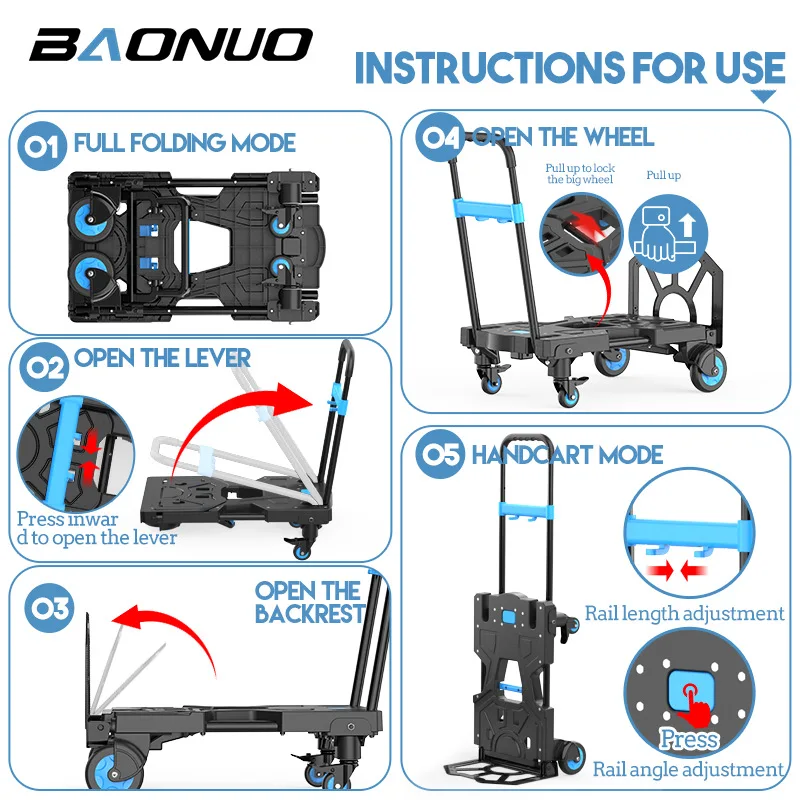 Convertible Folding Hand Truck, Portable Flatbed Trolley for Moving, Express Delivery, Camping, Household & Car Cargo Transport