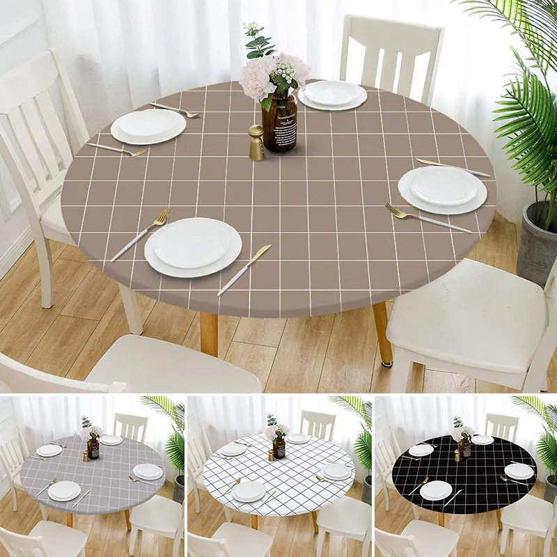 1pcs Elastic Edged Vinyl Fitted Tablecloth Round Flannel Backed Table Cover Oil & Waterproof Wipeable Table Cloth Dining Table