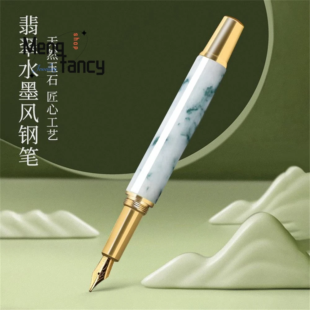 

Genuine Natural Myanmar A-goods Jadeite Floating Flowers Landscape Wind Fountain Pen High-grade Ink Wind Signature Holiday Gifts