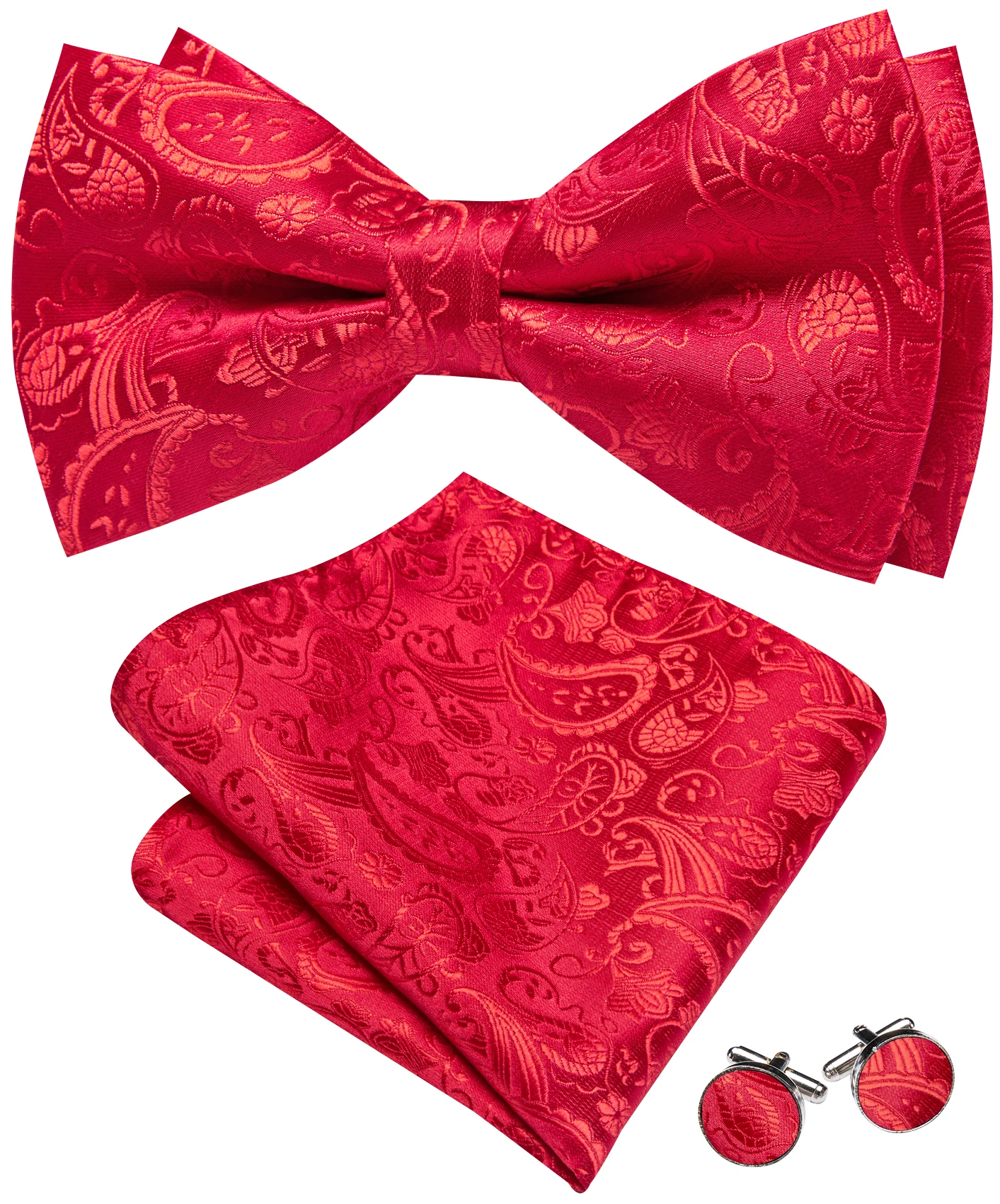 Barry Wang Jacquard Mens Bow Tie Pre-Tied Bowtie Hanky Cufflinks Set Red Green Ivory Pre ties Wedding Party