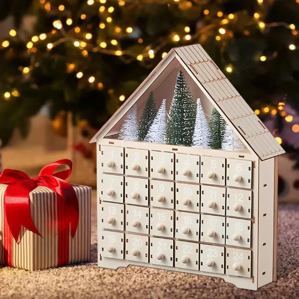 House Shape Christmas Advent Calendar LED with 24 Empty Drawer Christmas Countdown Calendar Wood Hollow Carving - Image 4