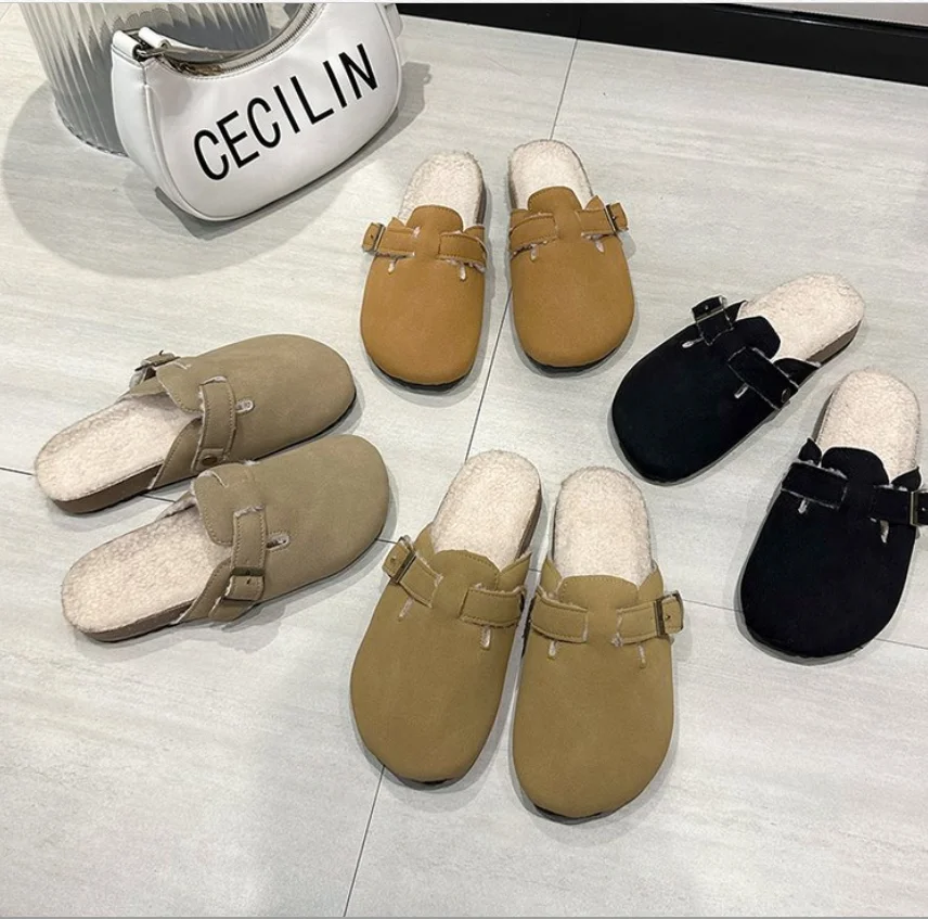 Autumn Suede Half Slippers Classic Women's Flat Clogs Shoes Winter Clogs Fashion women Warm lamb wool Mules Slides Zapatos Muje