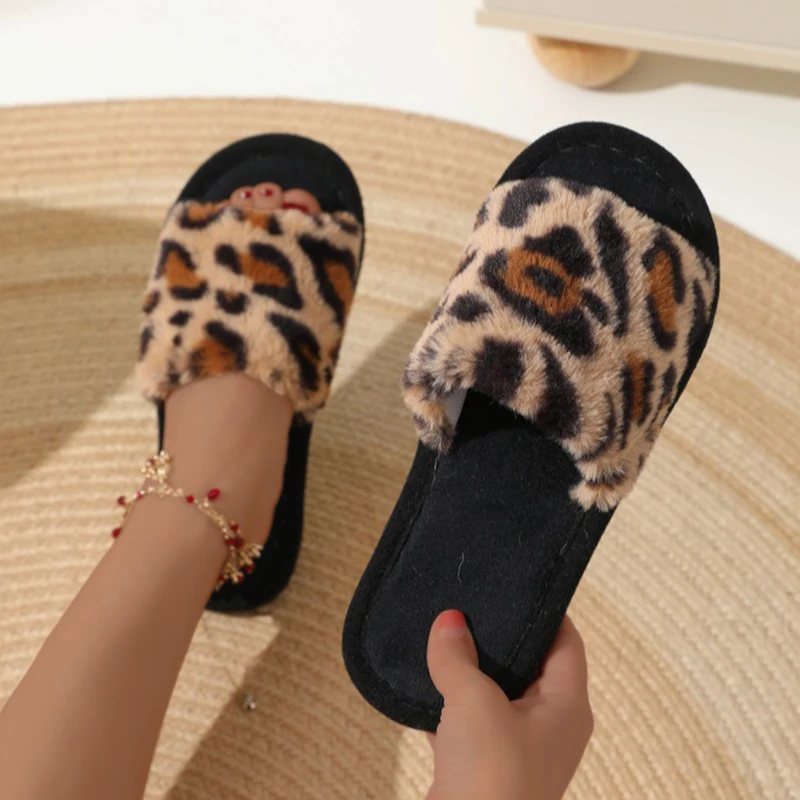 Sexy Leopard Faux Fur Slippers for Women Warm Plush 2025 Autumn Winter Home Slides Indoor Bedroom Soft Sole Fluffy Slippers