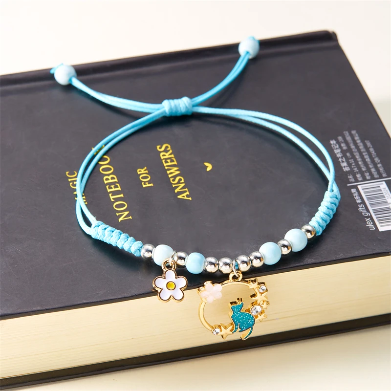 2024 New Cute Cartoon Animal Cat Daisy Flower Bracelets For Women Korean Charm Kitten Braided Bracelet Friendship Jewelry Gifts