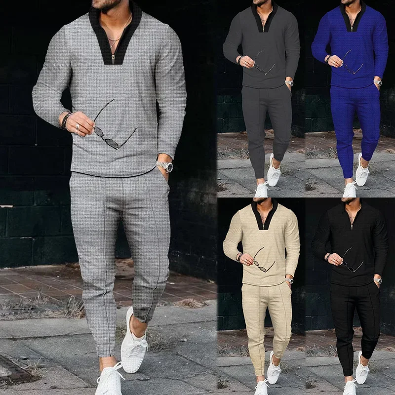 Men's Waffle Suit Long Sleeve Stitching Stand Collar Sports Fashion Casual Half Zipper Suit