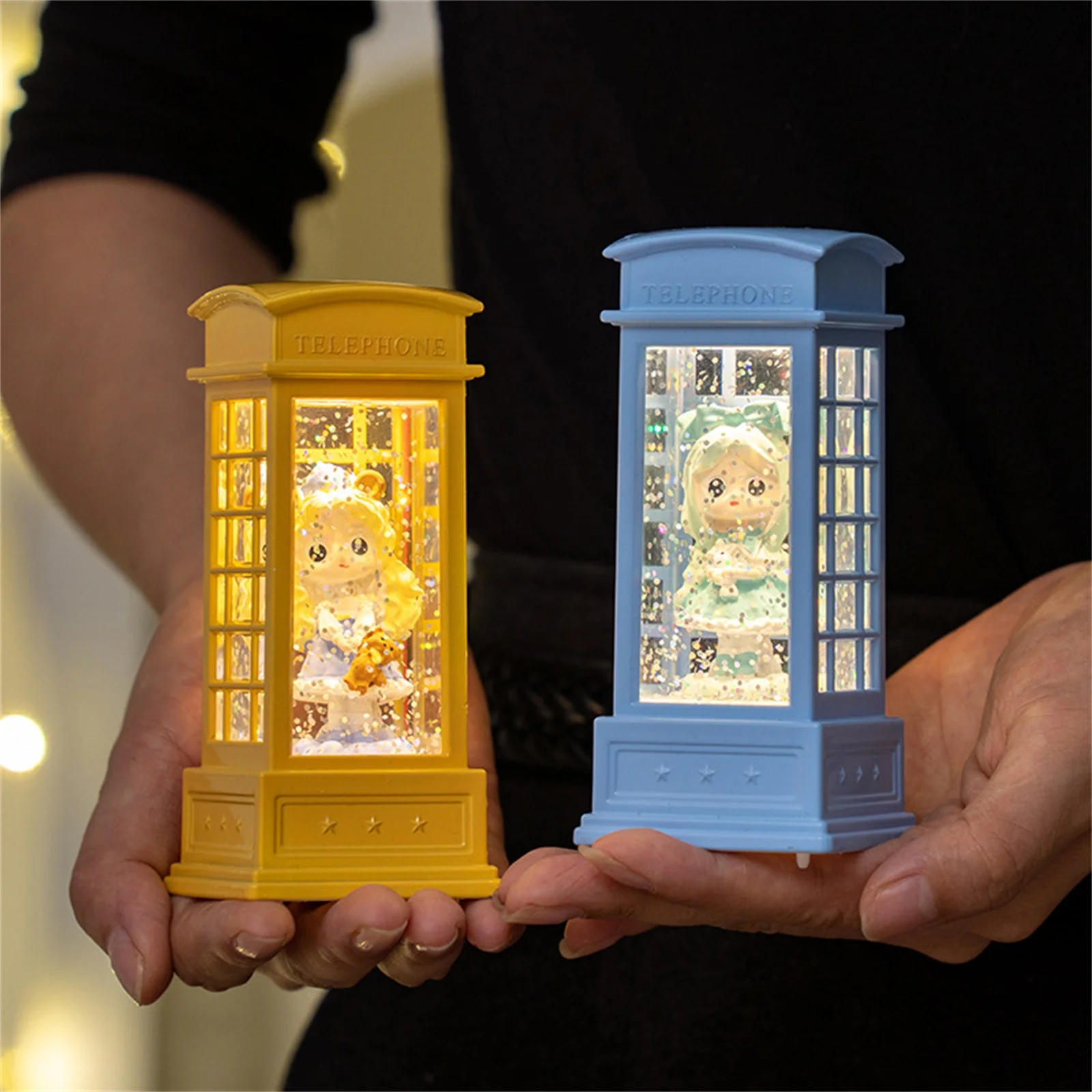 Cabine de telefone cheia de água para meninas, luz de vento, decoração de natal, cabine de telefone luminosa, luz noturna criativa, presentes de natal